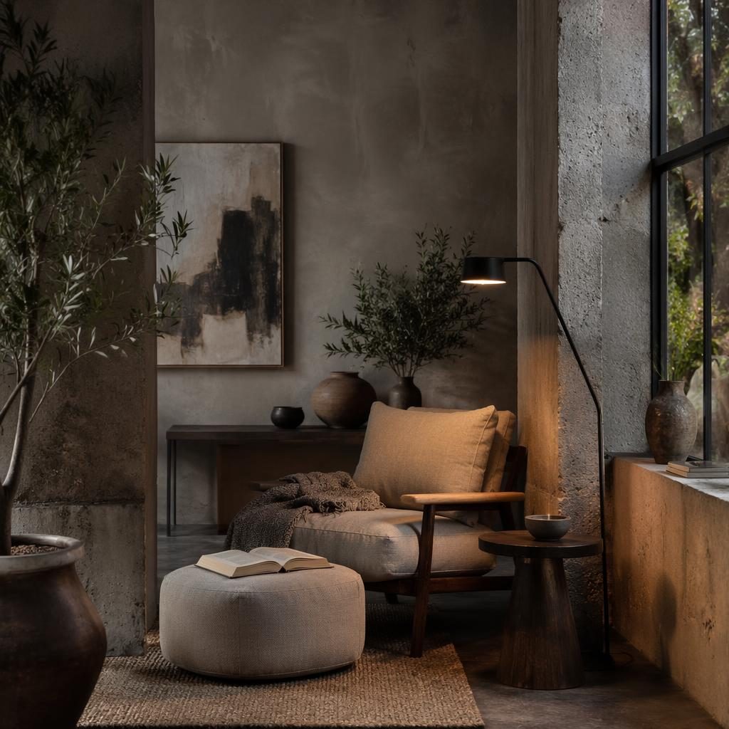 Coin lecture wabi-sabi industriel en gris froids, fauteuil, bois naturel, plantes, textiles et lumière du soir.