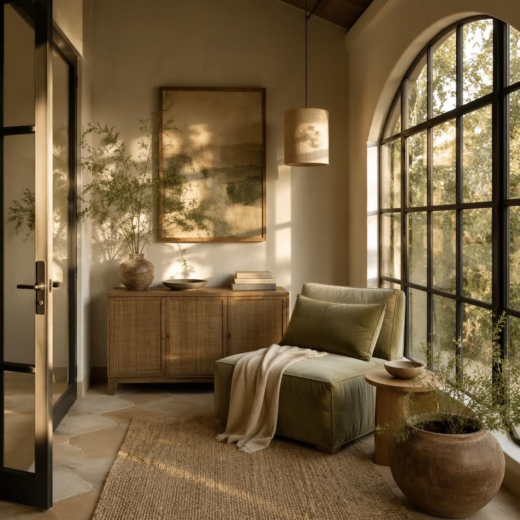 Mid-century wabi sabi reading corner in a sage and cream entryway with plants, natural materials, art, and golden hour light.