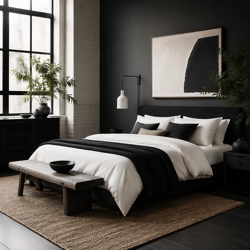 Industrial-Schlafzimmer in Schwarz-Weiß mit weichem Tageslicht, natürlichen Materialien, Pflanzen, Kunst und Japandi-Kücheninsel