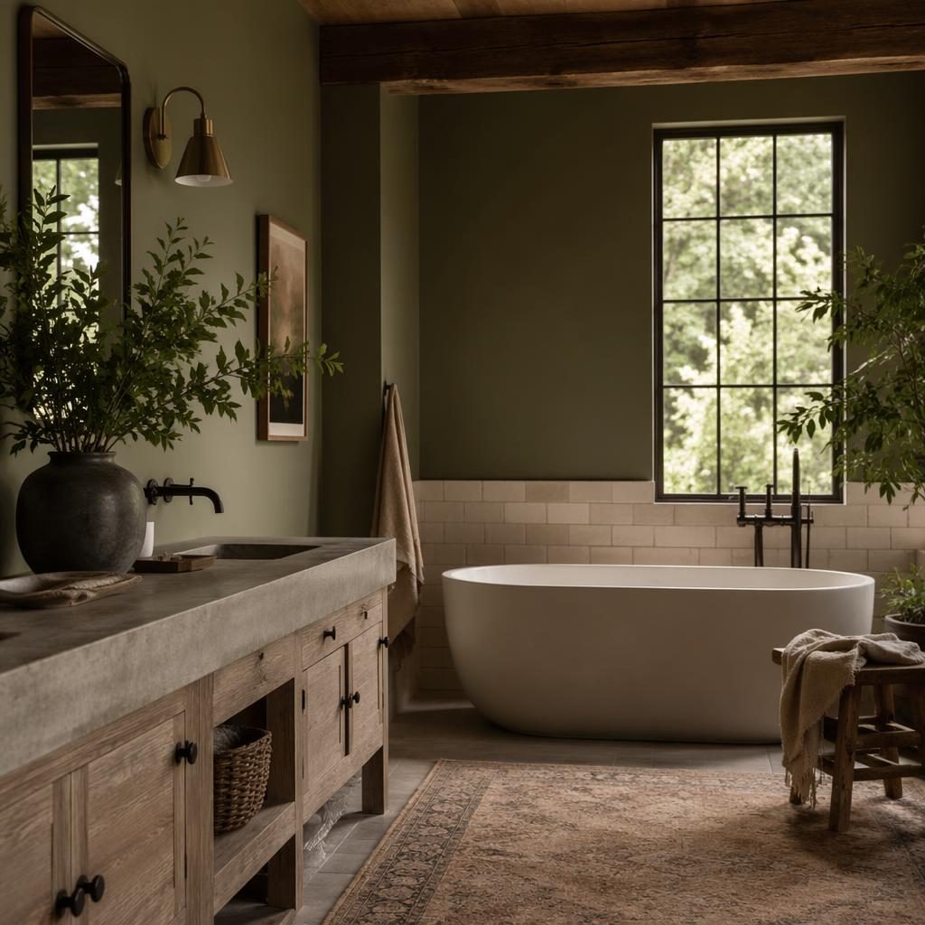 Moody minimalist interior render with concrete finishes, sage and cream tones, natural materials, plants, art, and textiles.