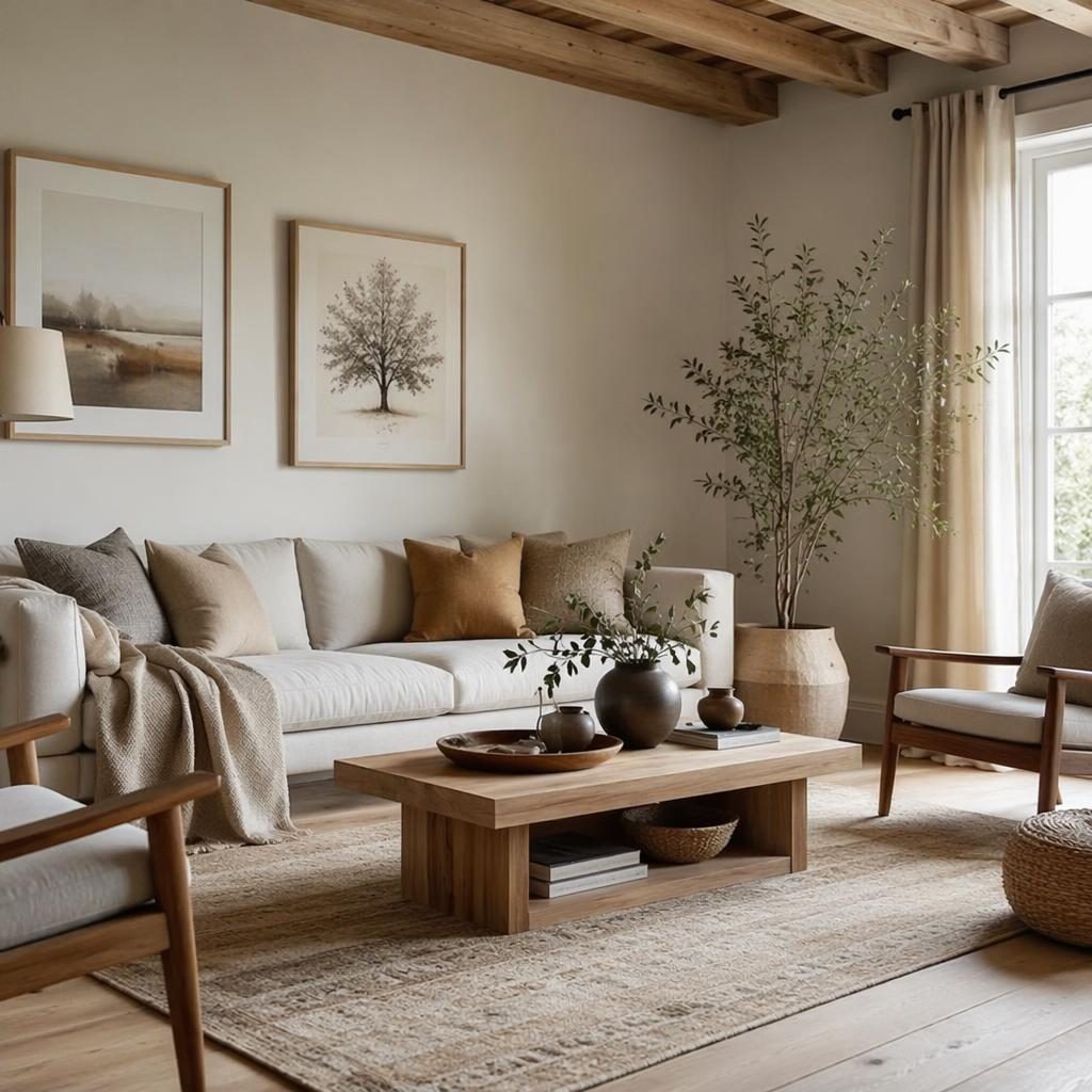 Scandinavian living room with earth tone palette, soft daylight, natural materials, plants, art and layered textiles