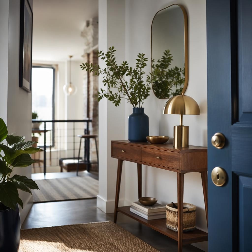 Recibidor pequeño en loft blanco minimalista con paleta azul y latón, luz natural, plantas, arte y textiles.
