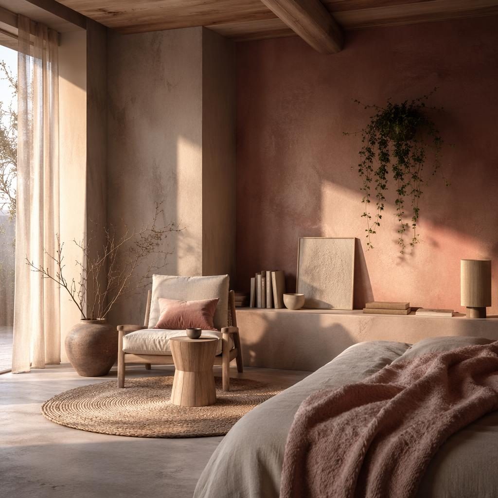 Gedämpftes Wabi-Sabi-Schlafzimmer in Rosa und Beige mit Naturmaterialien, Textilien, Kunst, Pflanzen und Abendlicht
