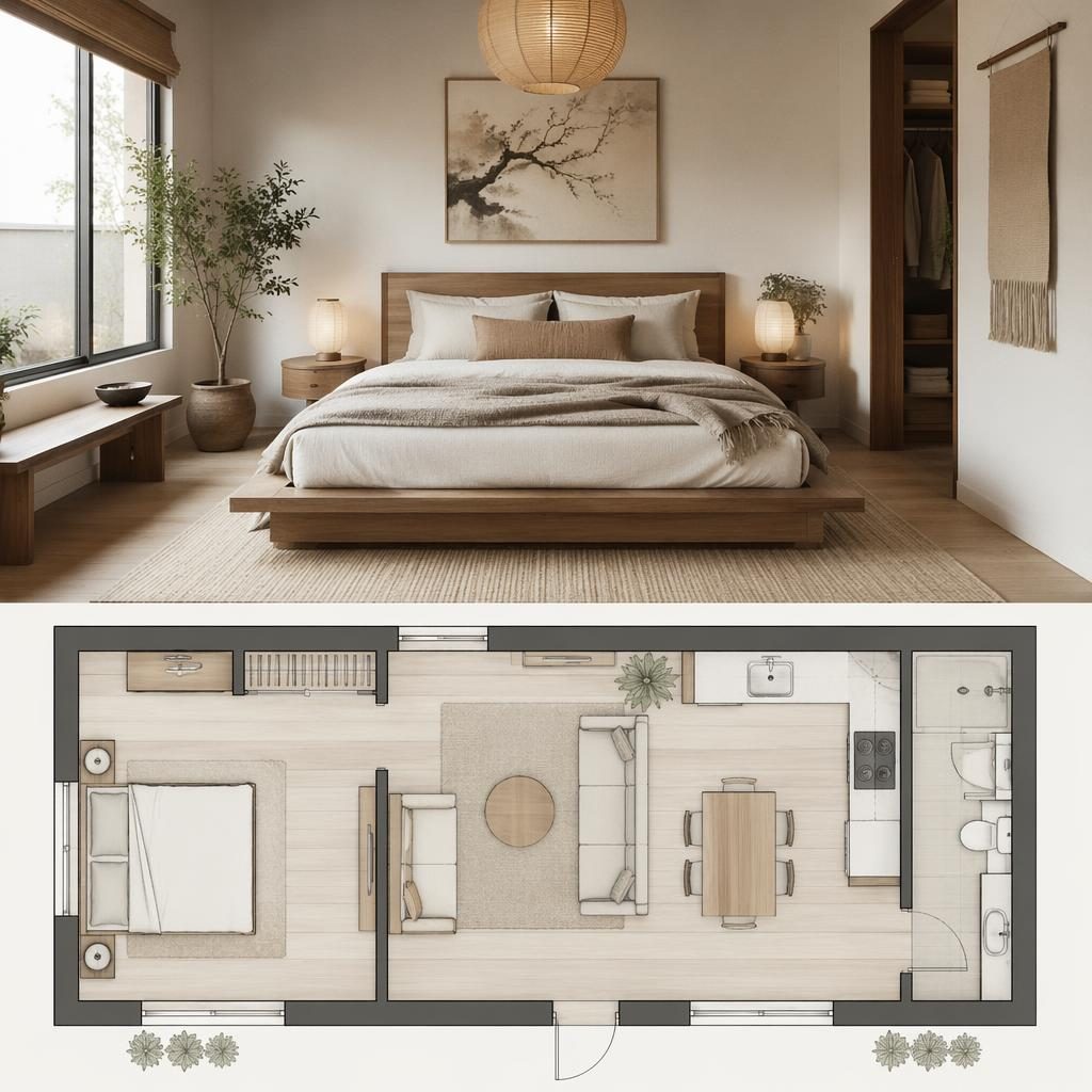 Japandi bedroom interior with warm neutral tones, soft daylight, natural wood furniture, textiles, plants, and wall art