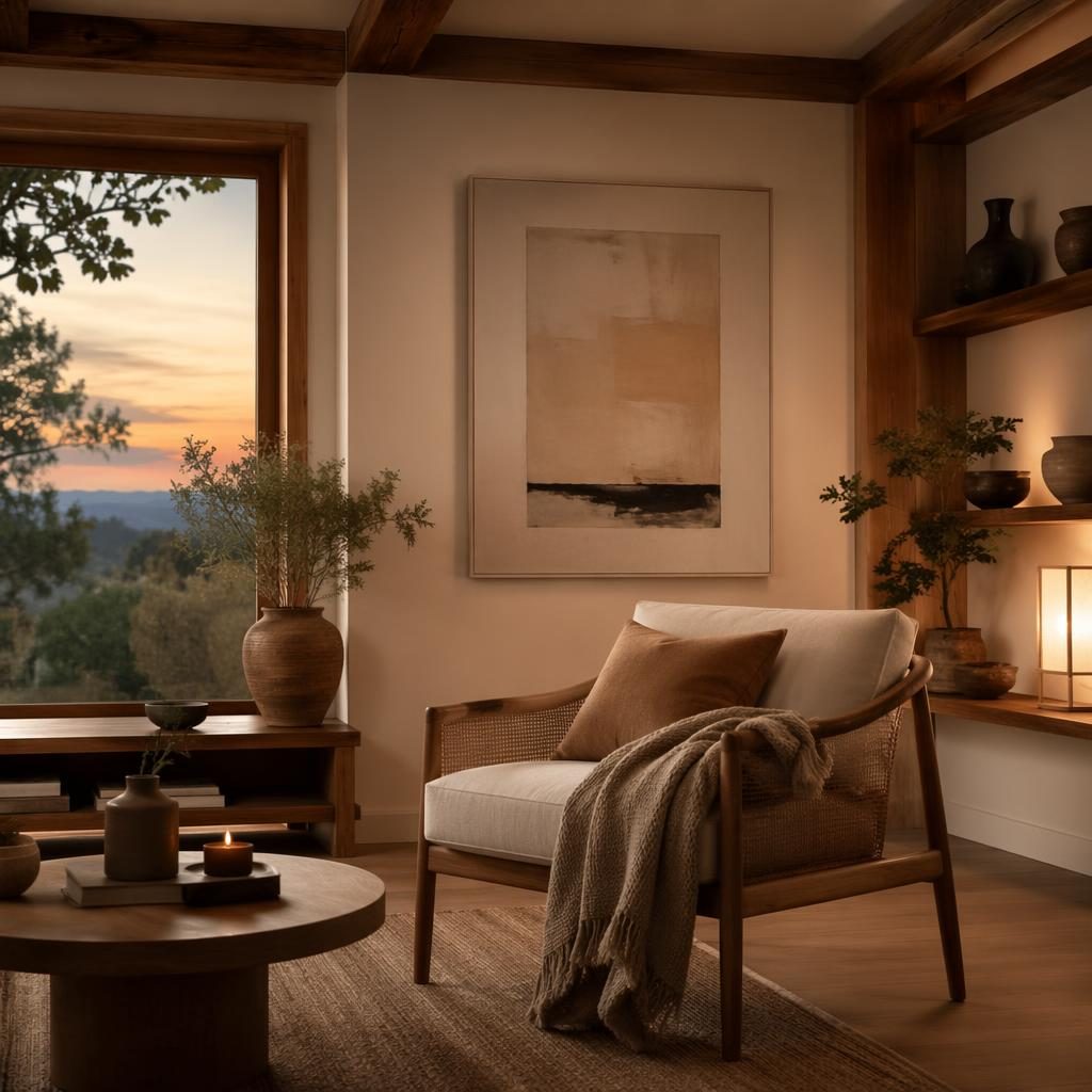 Salón japandi con rincón de lectura, tonos neutros cálidos, plantas, textiles y cuadros decorativos en pared.