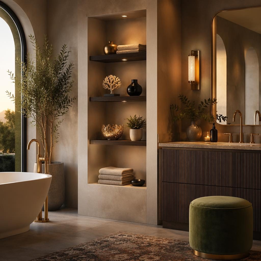 Luxury contemporary bathroom in warm neutral tones with natural materials, plants, art deco velvet accents, and shelf ornaments.