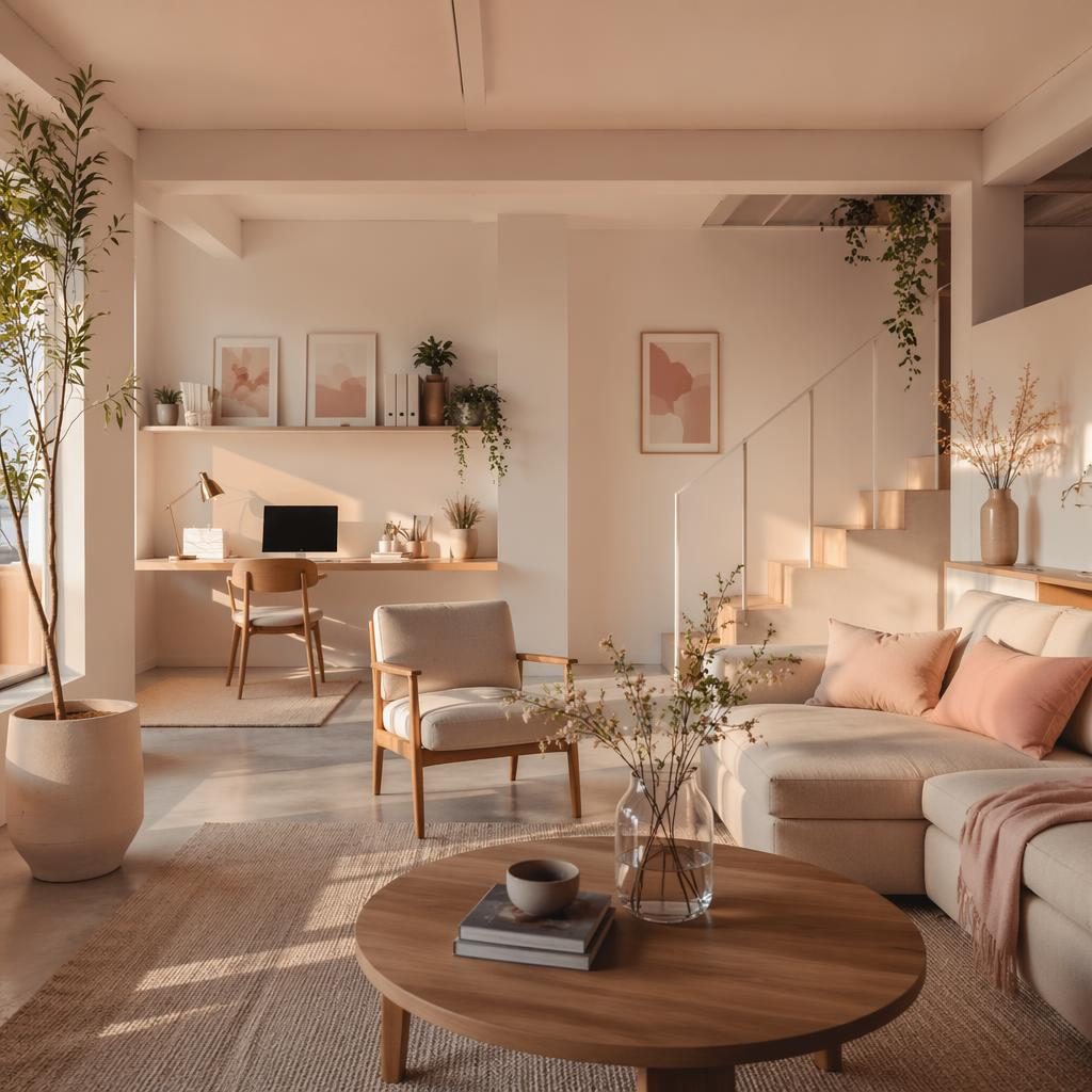 Salón tipo loft blanco minimalista con paleta rosa pastel y beige, luz dorada, plantas, textiles y mobiliario nórdico.