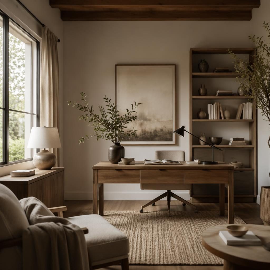 Despacho nórdico estilo farmhouse con tonos neutros cálidos, madera natural, textiles, plantas y luz ambiental tenue