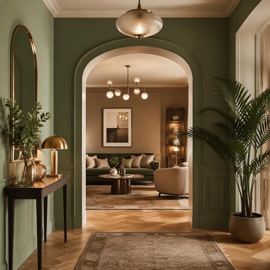 Art Deco entryway interior with sage and cream tones, warm evening light, natural materials, plants, textiles, and curated decor