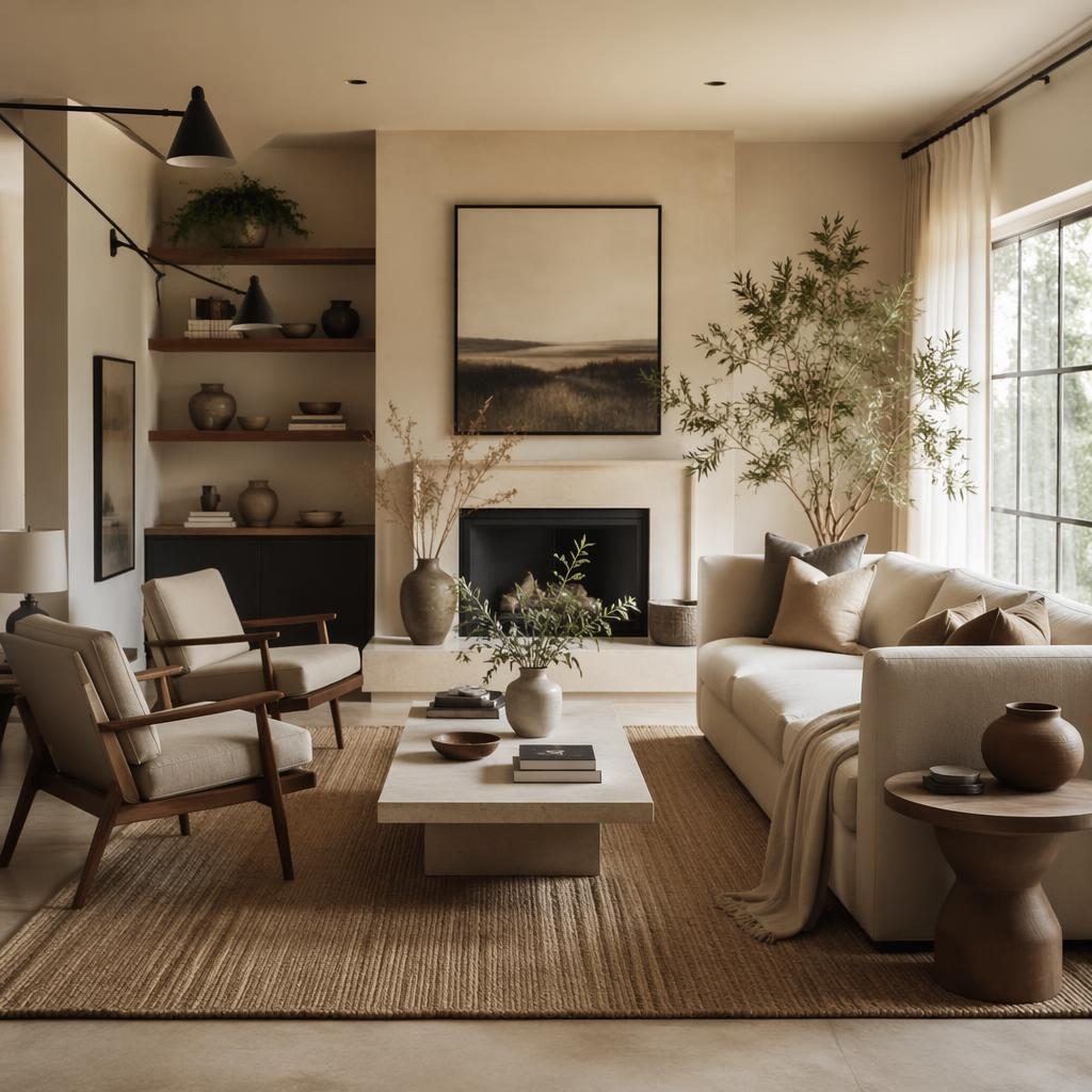 Photorealistic minimalist living room with warm neutral tones, sofa, lounge chairs, wall art, plants, and soft daylight