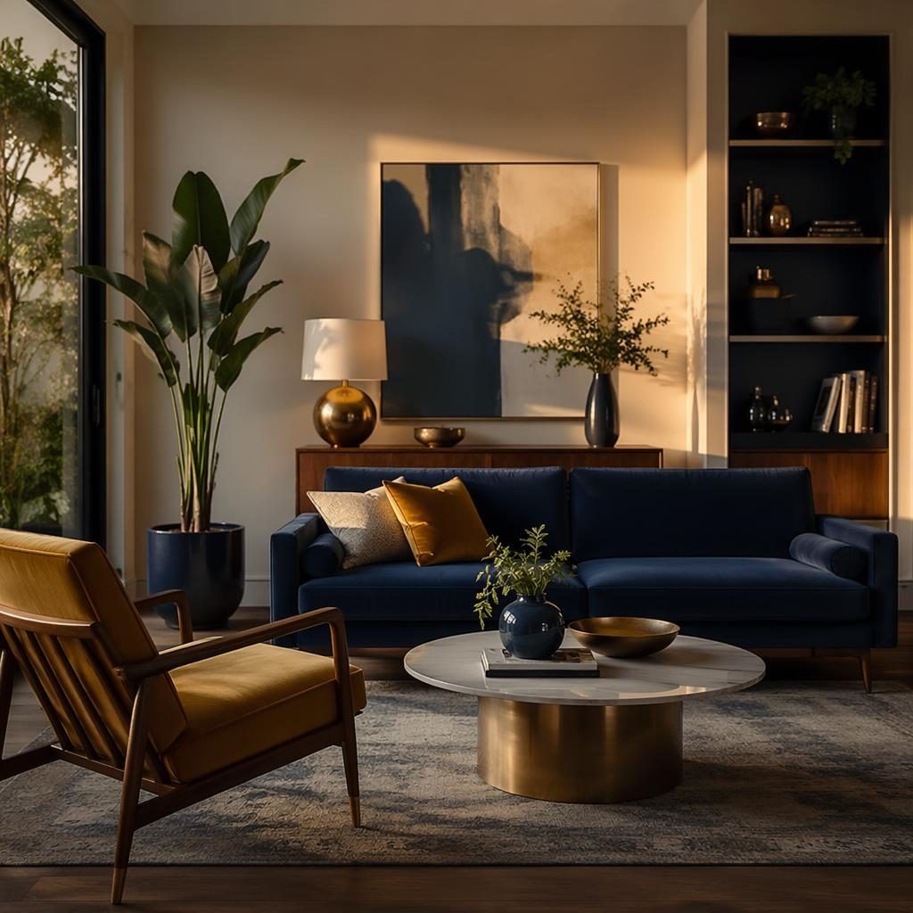 Living mid century minimalista con paleta azul y latón, luz dorada, plantas, arte, textiles y materiales naturales.