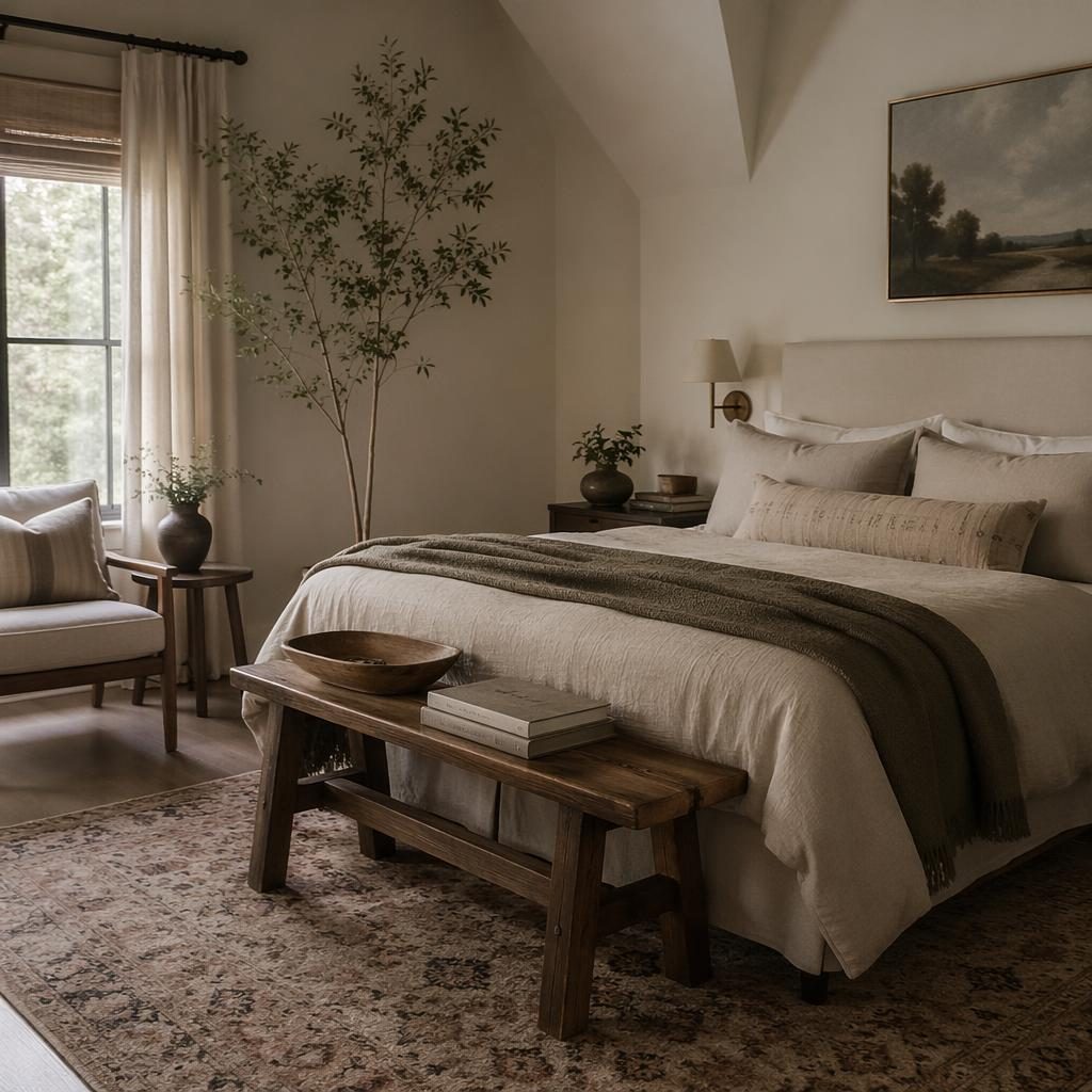 Boho-inspired bedroom interior with earth-tone textiles, plants, art, and natural materials in soft overcast light