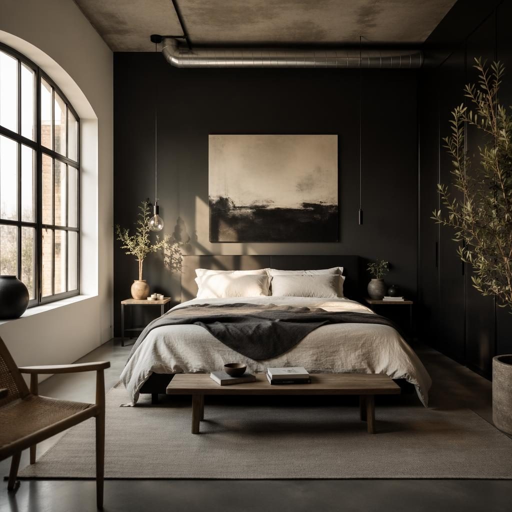 Chambre scandinave industrielle en noir et blanc, lumière dorée, bois naturel, textiles, plantes et art mural.