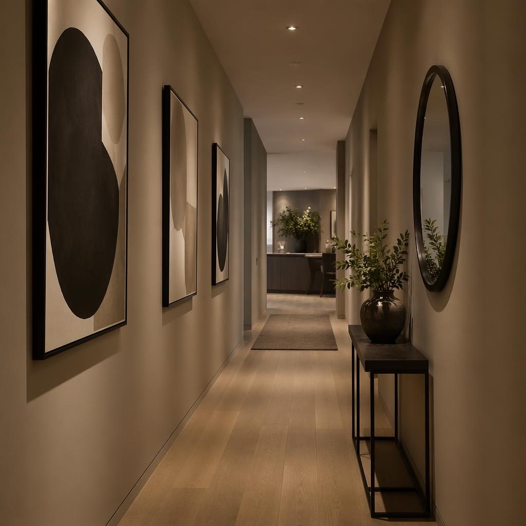 Minimalist walk-in closet with warm neutral tones, natural materials, art, textiles, plants, and moody lighting.