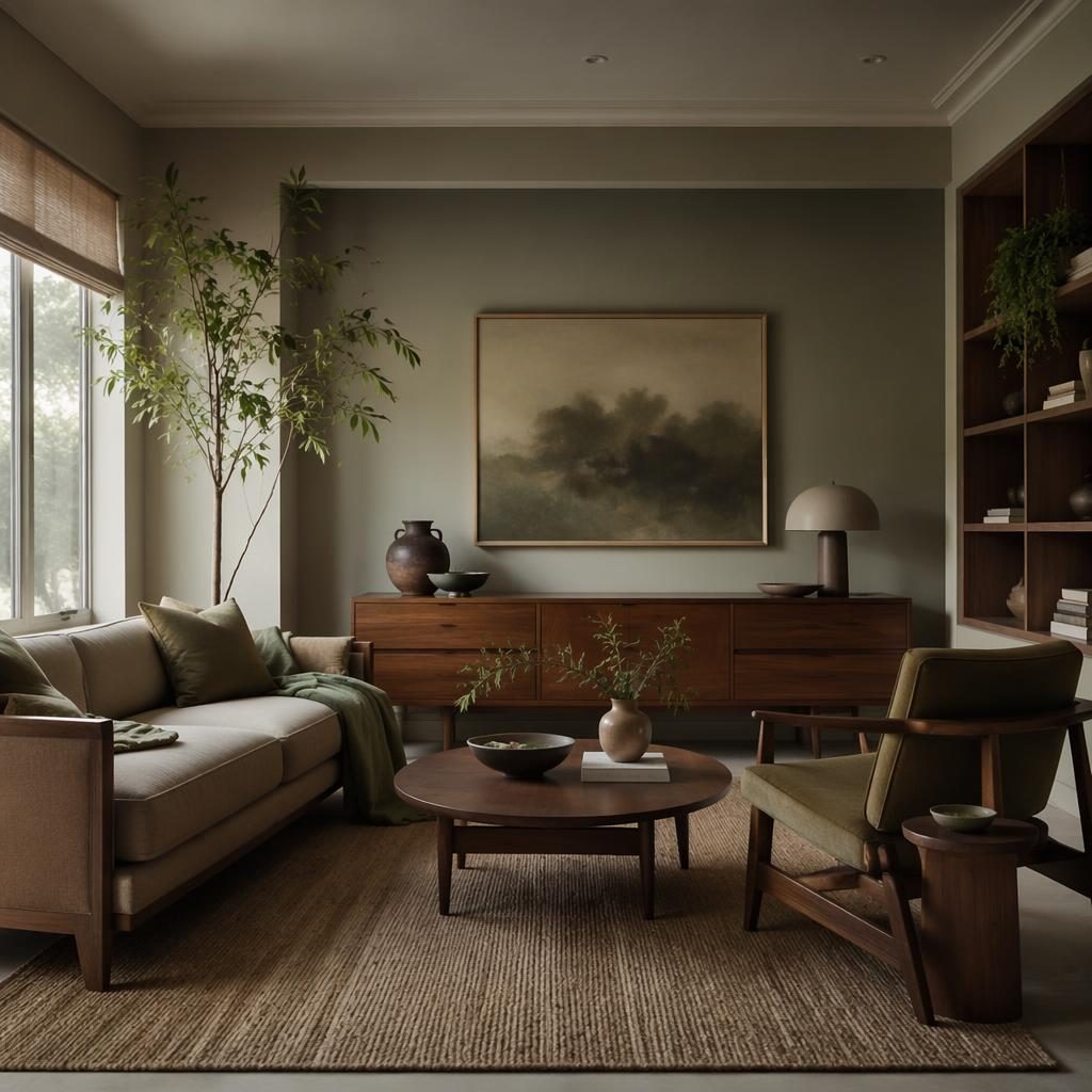 Japandi mid-century living room with sage and cream tones, natural wood, plants, textiles, art, and soft diffused light.