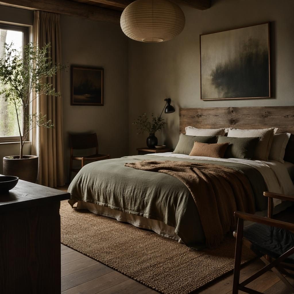 Moody farmhouse bedroom with reclaimed wood, earth tones, natural textiles, plants, wall art, and a mid-century layout.