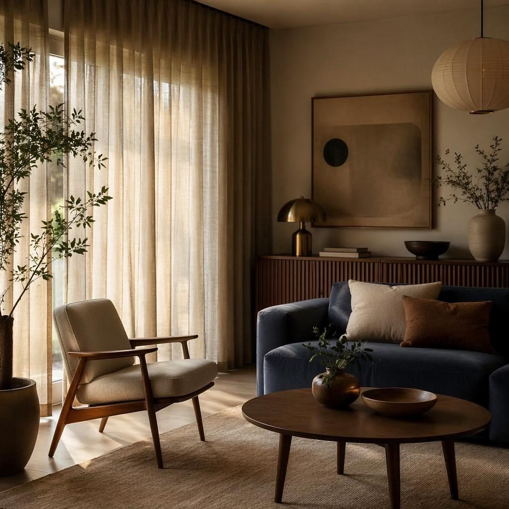 Mid-Century-Eingangsbereich mit warmen Naturtönen, blauen und messingfarbenen Akzenten, Pflanzen, Kunst und Textilien.