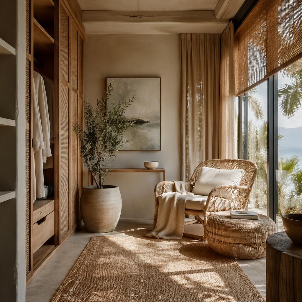 Wabi-Sabi Ankleidezimmer mit Rattan, Erdtönen, Tageslicht, Pflanzen, Textilien und natürlichen Materialien.