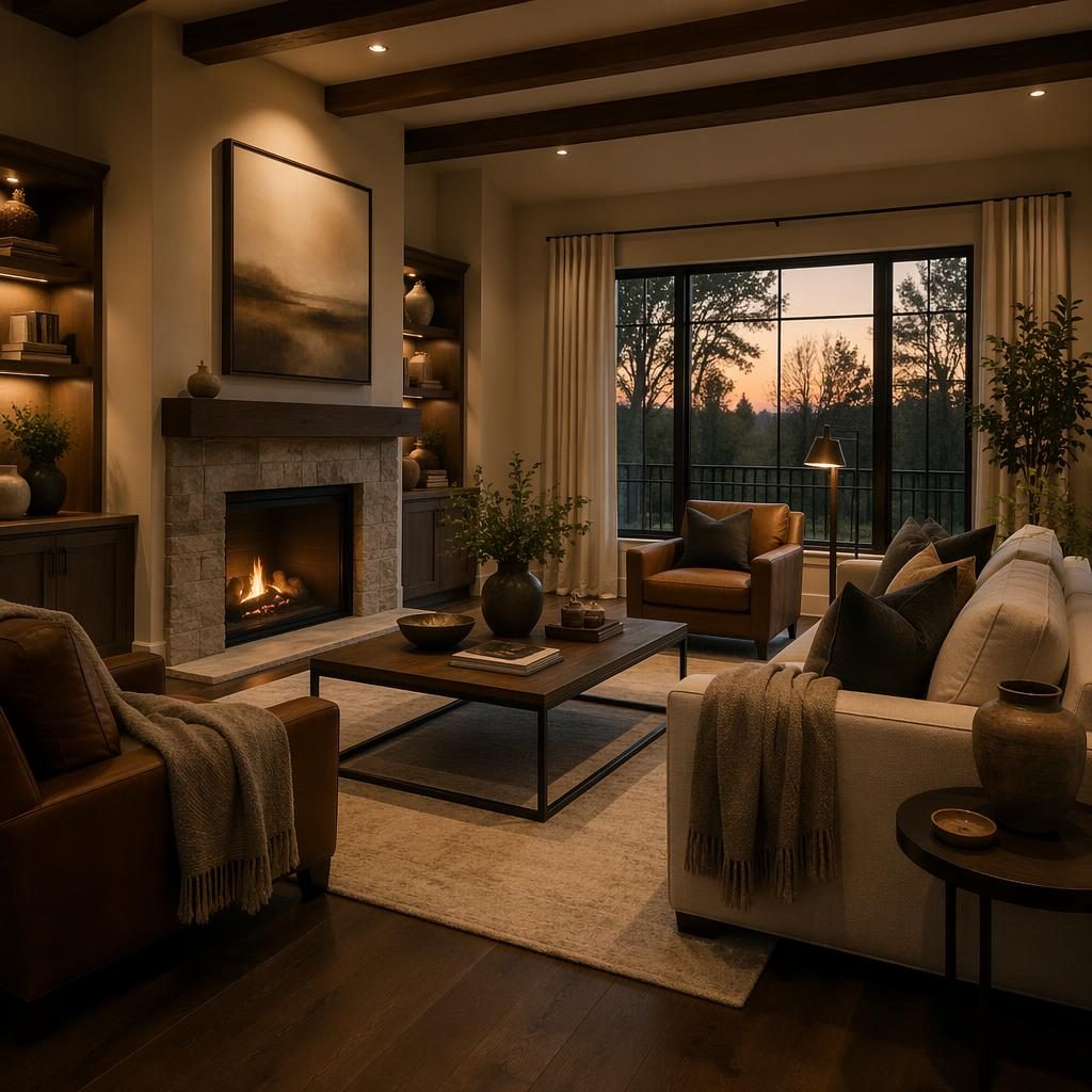 Modern farmhouse living room with dark wood floors, warm neutral furniture, plants, textiles, art, and evening light.