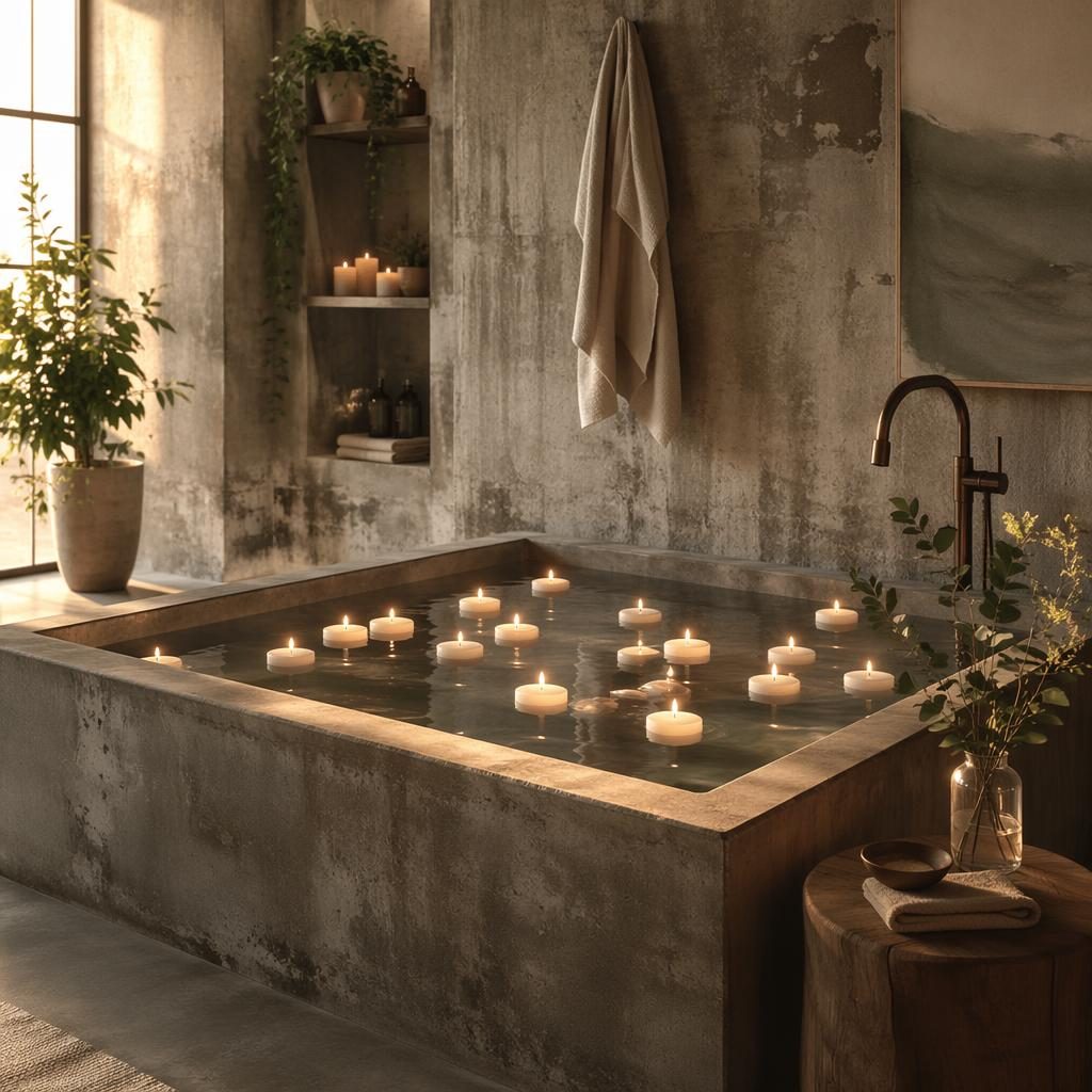 Industrial bathroom with raw concrete walls, sage and cream accents, plants, textiles, art, and floating candle centerpieces.
