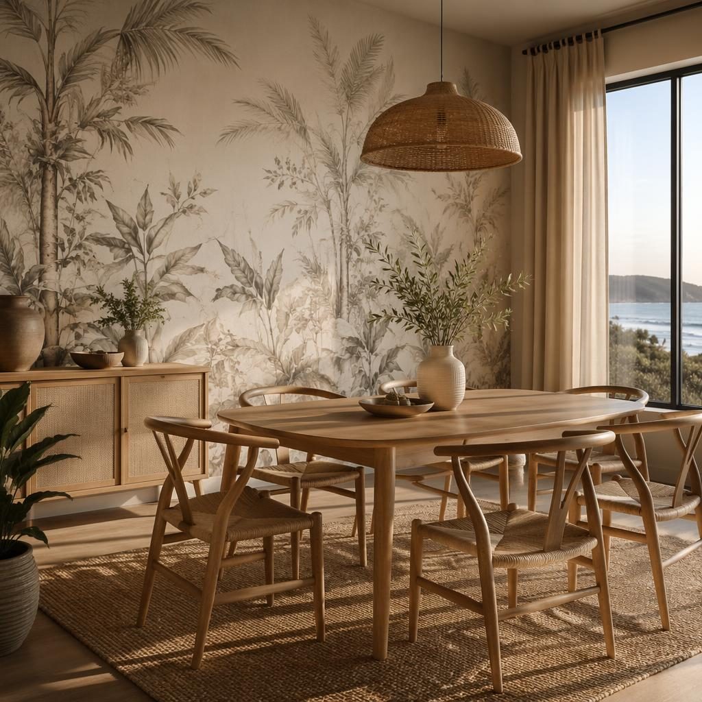 Scandinavian bathroom interior render with earth-tone finishes, natural materials, plants, art, textiles, and warm golden-hour light.