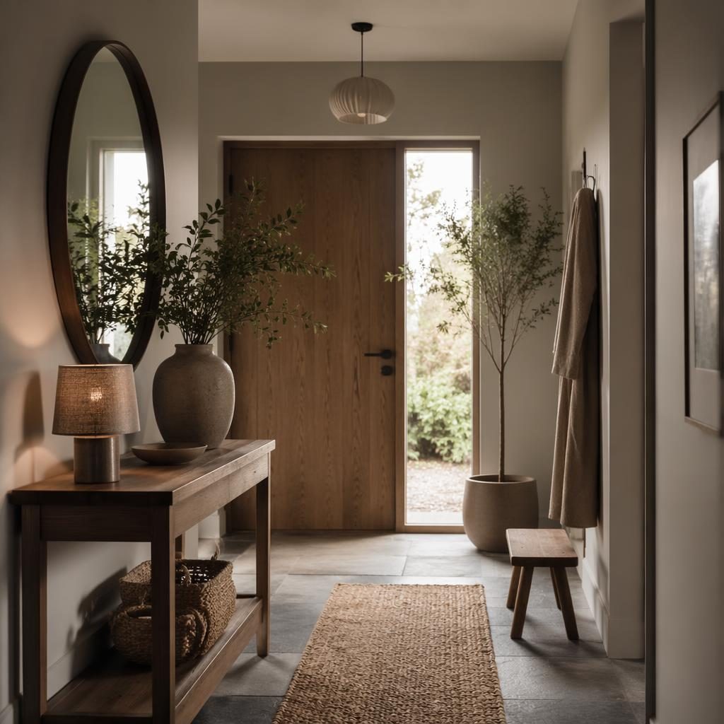 Scandinavian bathroom interior with earth-tone palette, natural materials, plants, art, textiles, and moody lighting