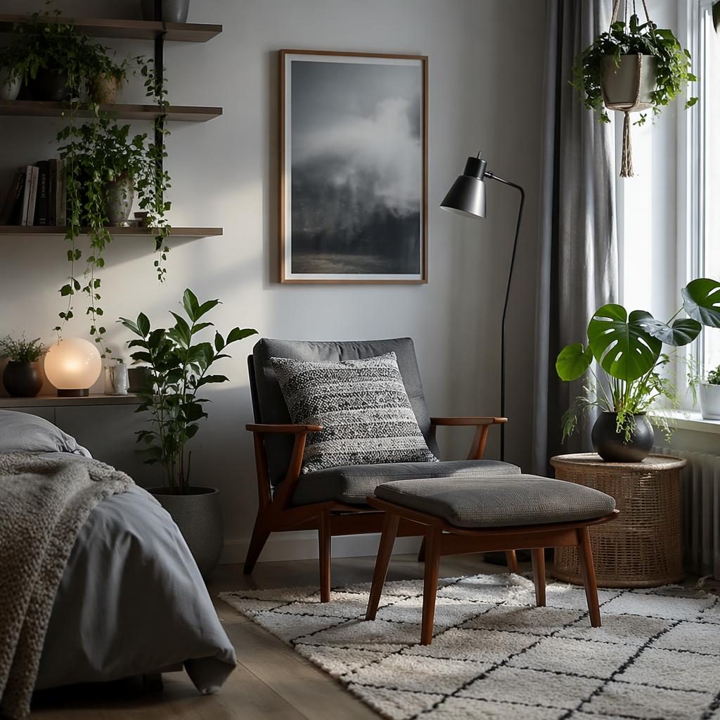 Mid-Century-Wohnzimmer als Boho-Leseecke in kühlen Grautönen mit Pflanzen, Kunst, Textilien und Naturmaterialien.