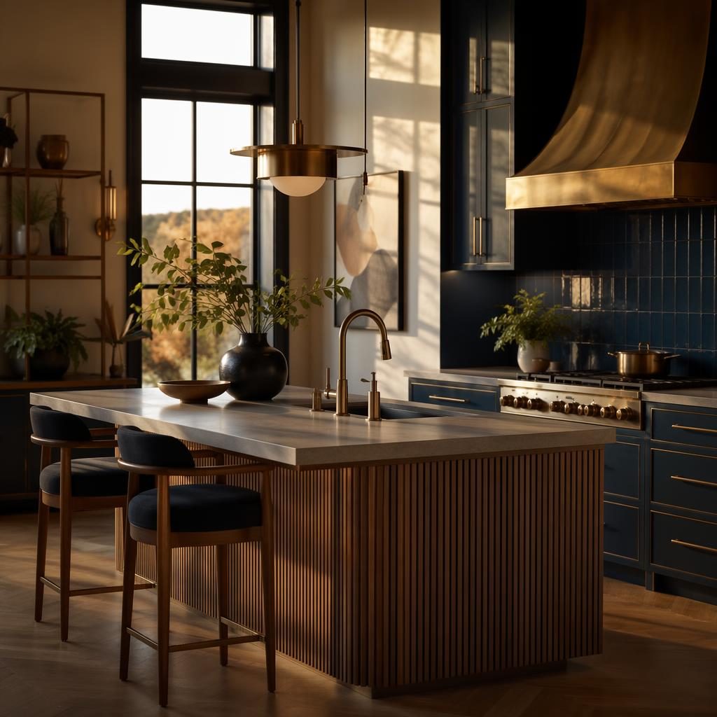 Art deco-inspired japandi kitchen island in a blue and brass palette at golden hour with plants, textiles, and no people.