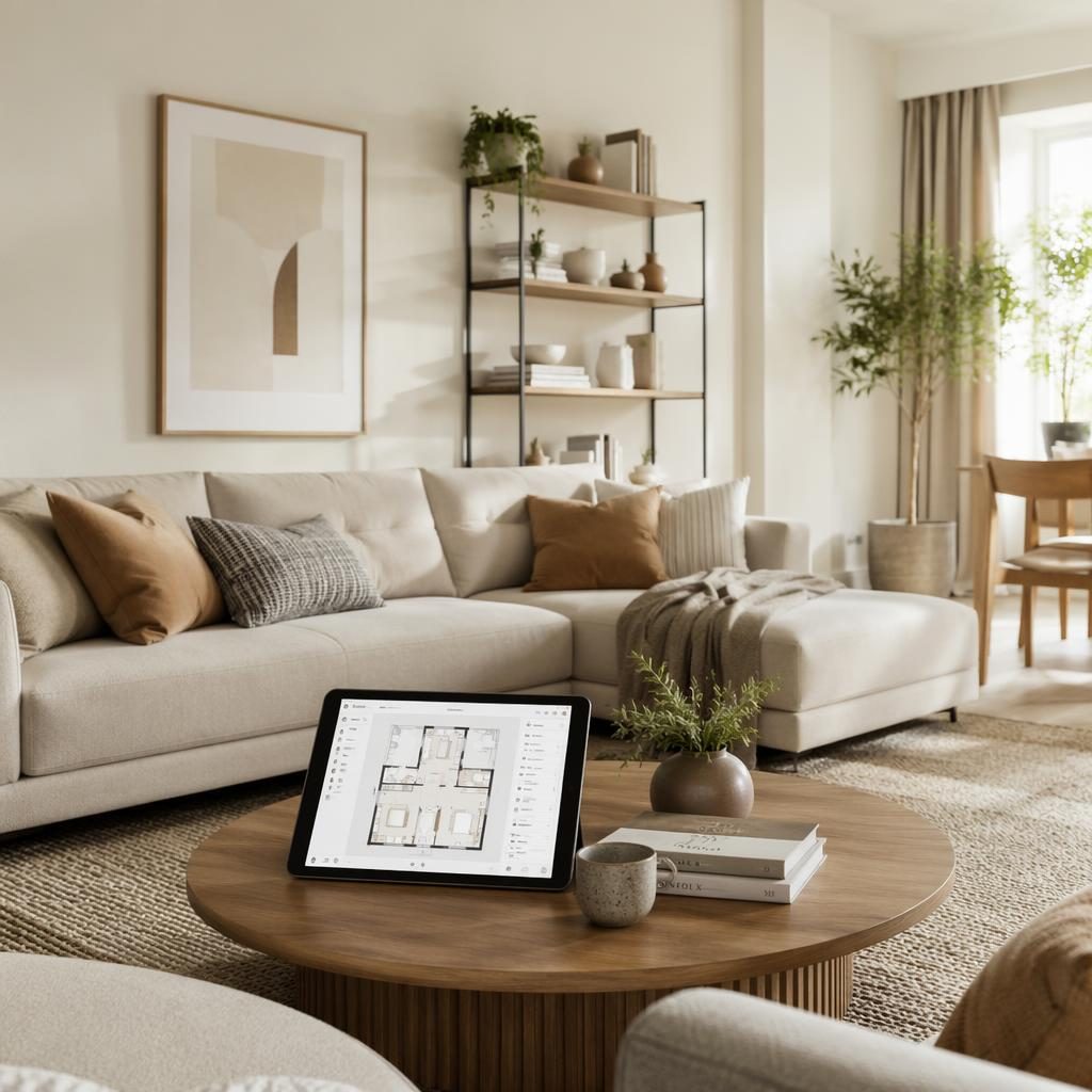 Minimalistisches Wohnzimmer in warmen Naturtönen mit Sofa, Pflanzen und Tablet mit Grundriss-Editor auf dem Tisch.