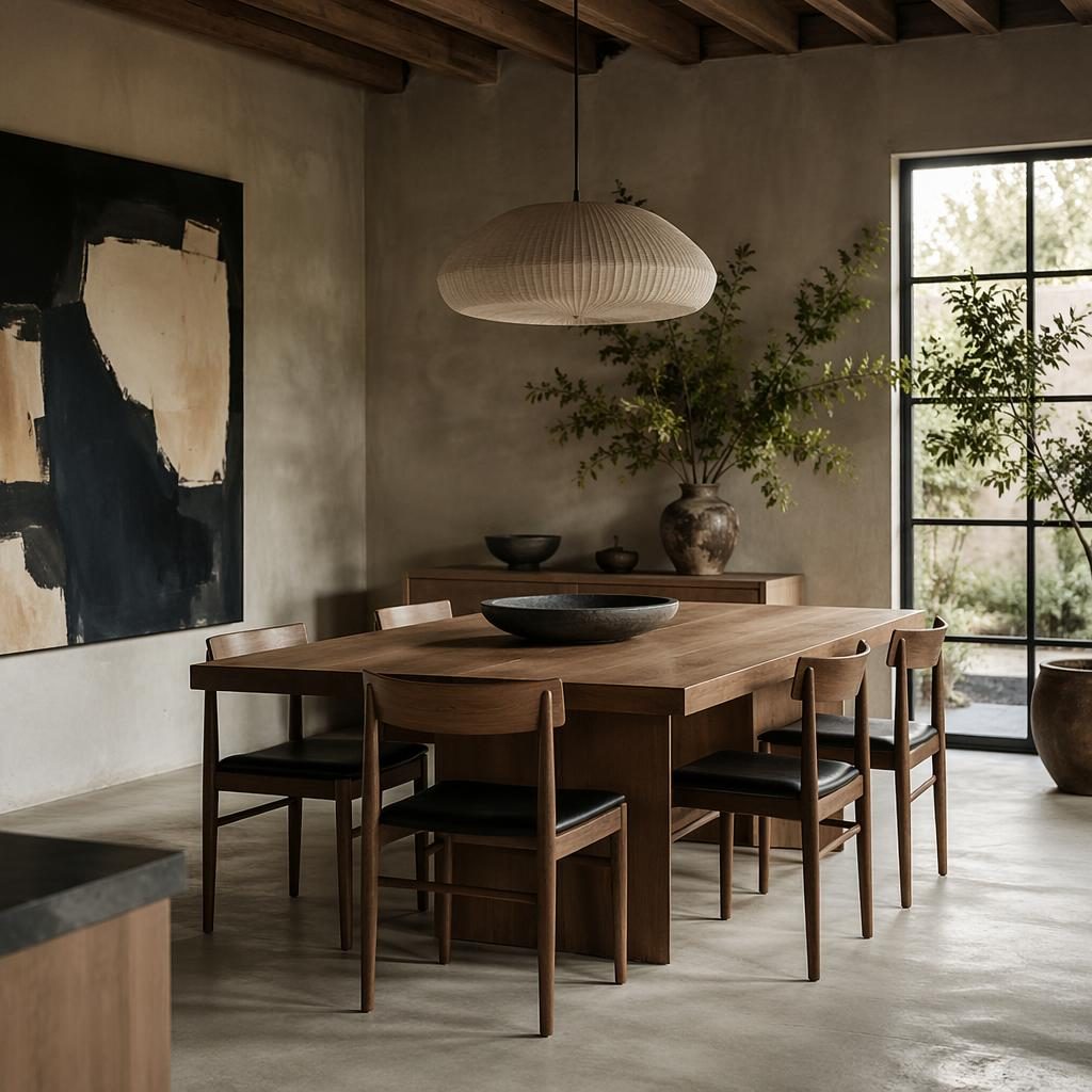 Realistic japandi study interior with earth-tone palette, wood furniture, soft daylight, plants, art, and textiles.
