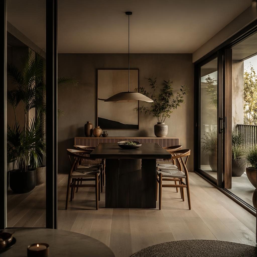 Balcon japandi minimaliste avec tons terre, mobilier épuré, plantes, textiles et lumière naturelle tamisée.