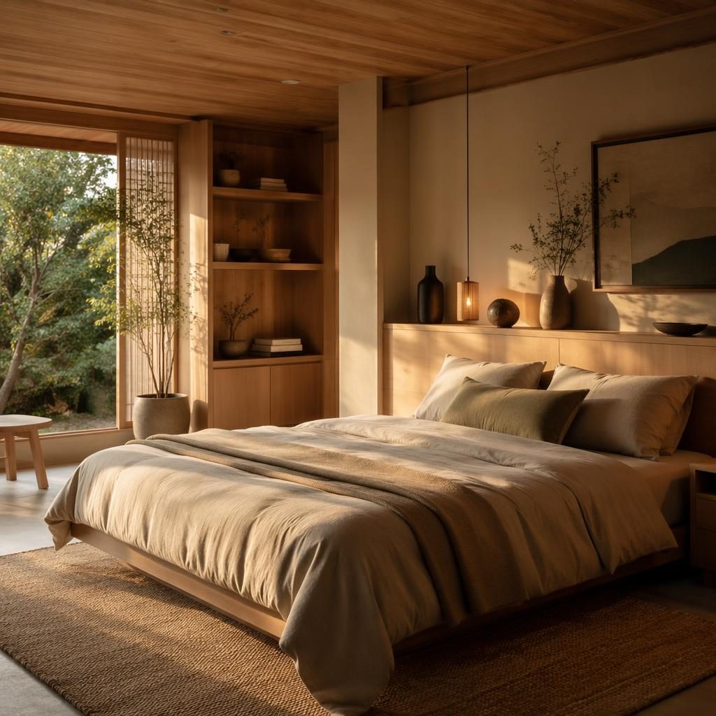 Interior estilo japandi con tonos tierra, luz dorada, muebles minimalistas, textiles, plantas y materiales naturales.