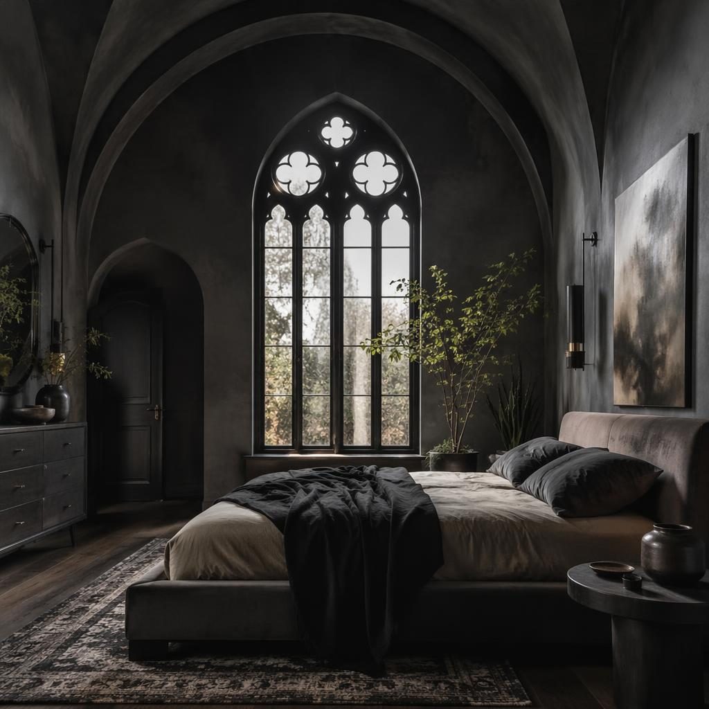 Minimalist concrete kitchen with earth-tone decor, plants, textiles, and soft overcast light in a gothic interior style