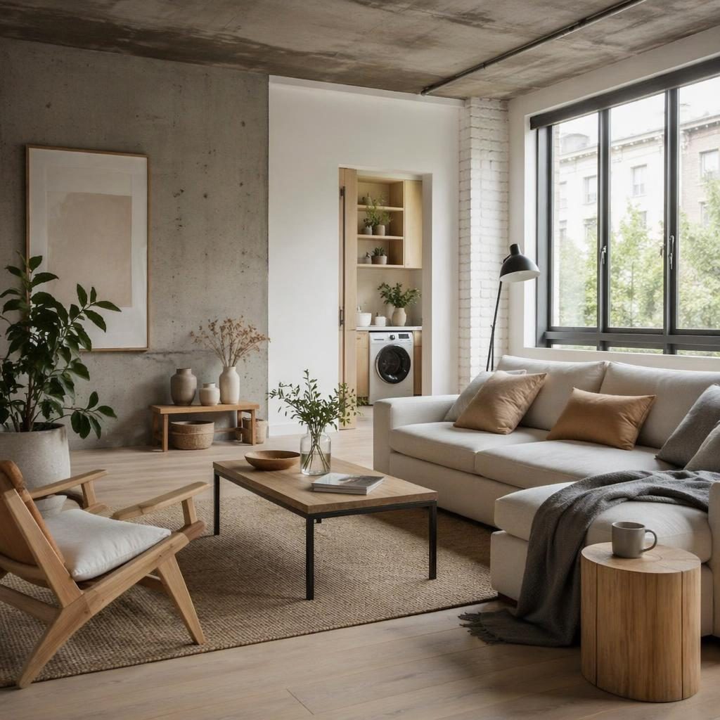 Sala de estar escandinava con tonos neutros cálidos, luz natural suave, madera, textiles, plantas y arte, sin personas.