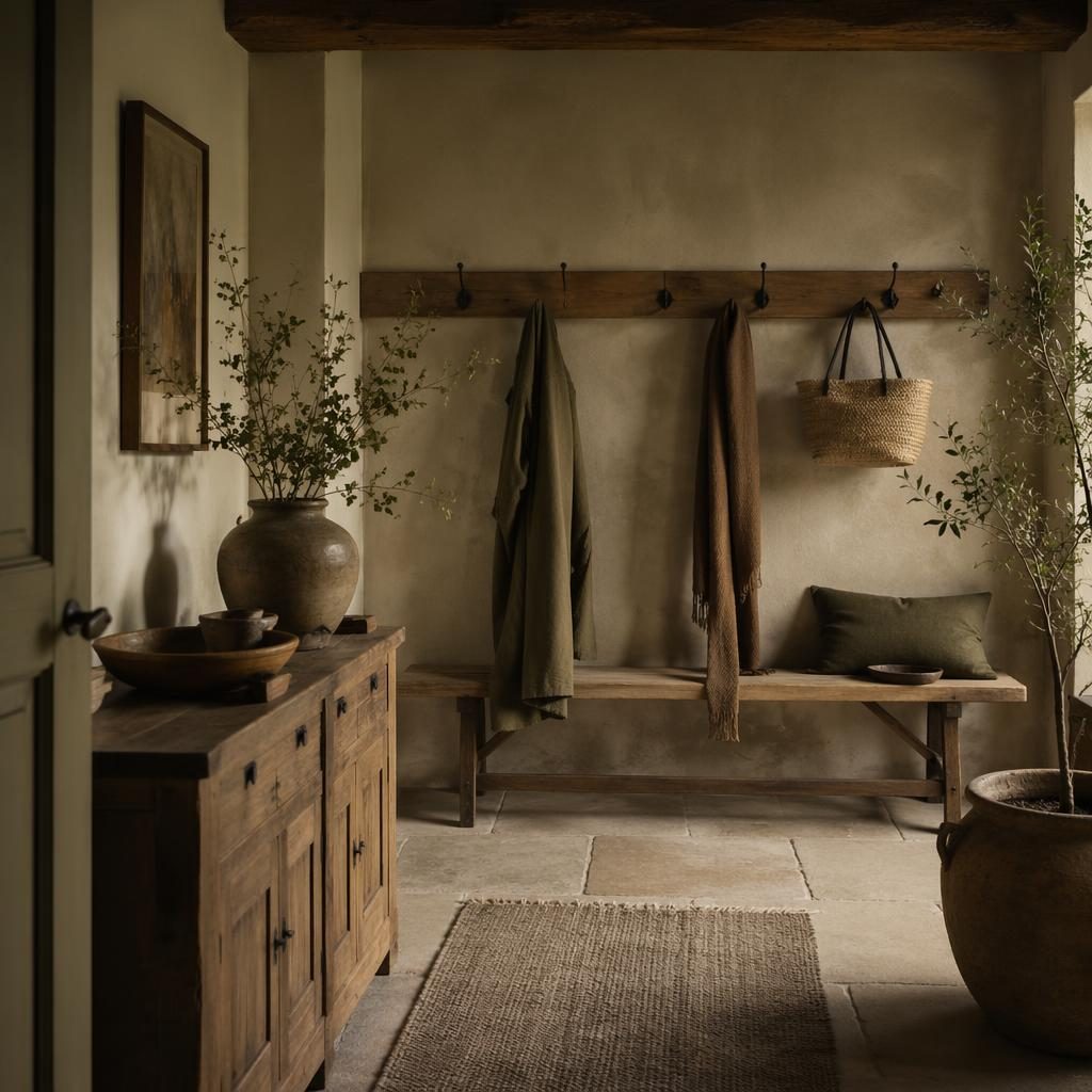 Mudroom de estilo farmhouse con estética wabi-sabi, tonos salvia y crema, materiales naturales, plantas y luz ambiental.