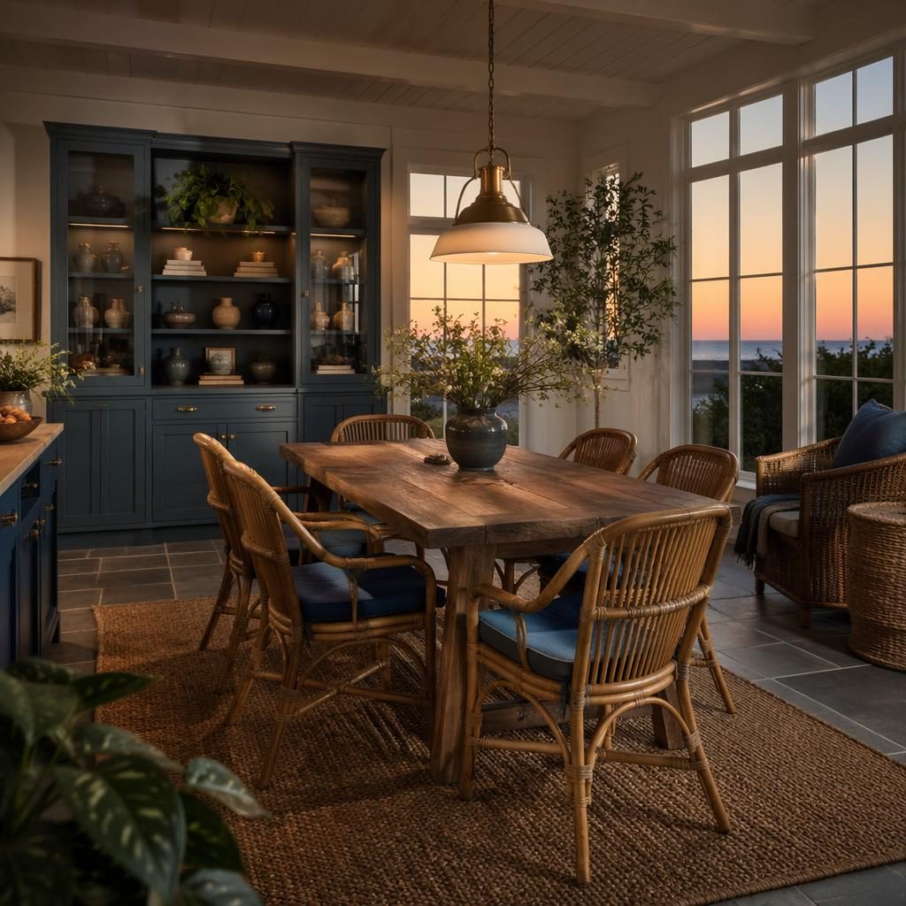 Farmhouse dining room styled as a coastal sun room with rattan chairs, blue and brass accents, plants and warm evening light