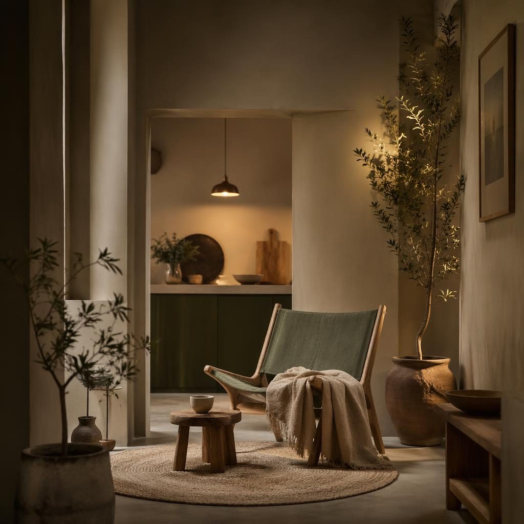 Cocina wabi-sabi en tonos salvia y crema con rincón de lectura boho, plantas, textiles y luz cálida de tarde.