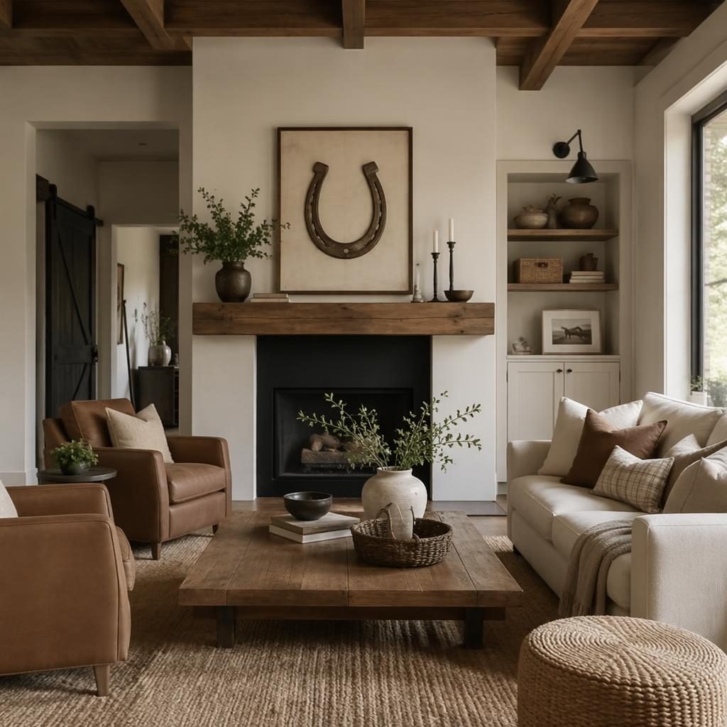 Modern farmhouse living room with horseshoe decor, earth-tone palette, soft daylight, natural materials, plants, art, and textiles.