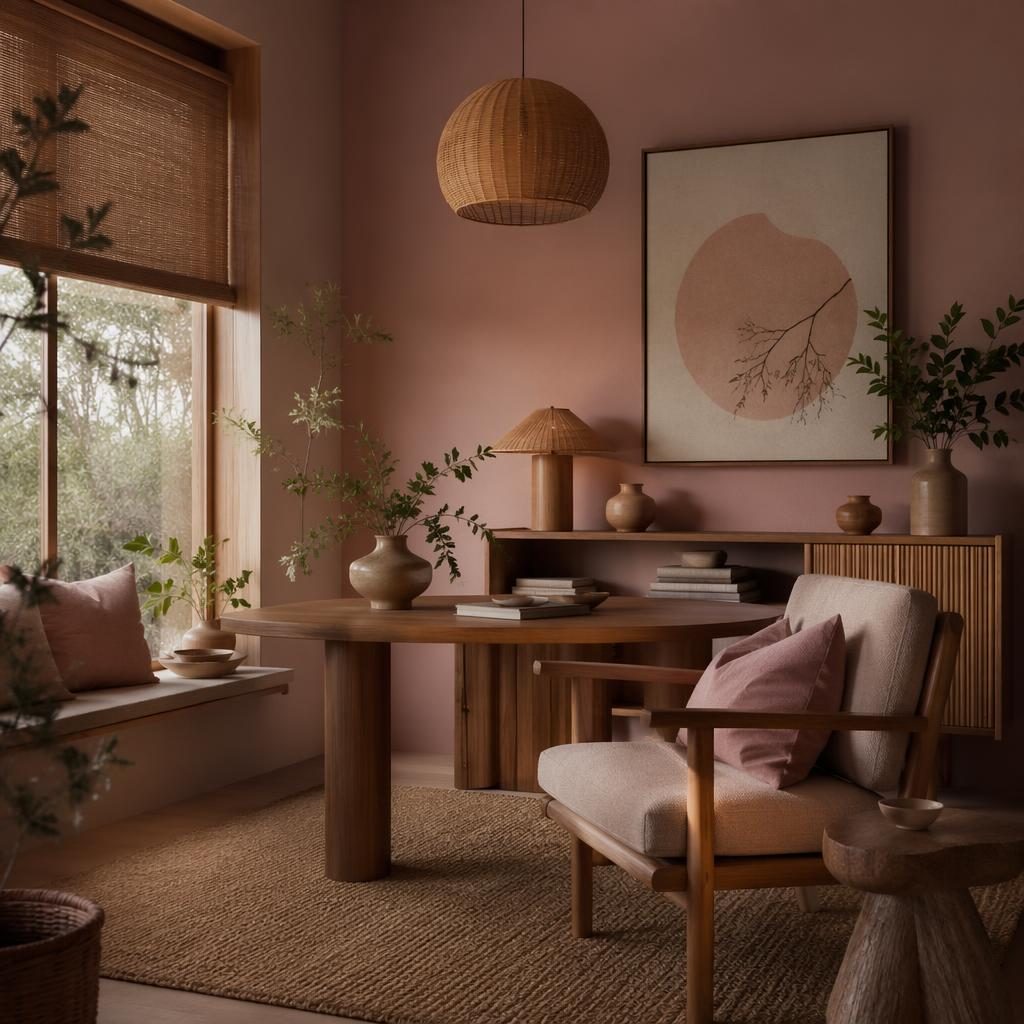 Japandi study with boho styling, pastel pink and beige decor, natural wood furniture, plants, textiles, and moody light