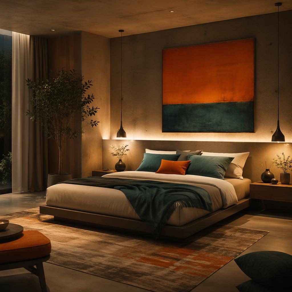 Realistic minimalist concrete kitchen interior with warm neutral tones, orange and teal decor, plants, art, and textiles