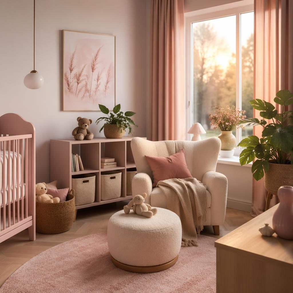 Skandinavische Babyzimmer-Leseecke in Pastellrosa und Beige mit Sessel, Textilien, Pflanzen und warmem Abendlicht