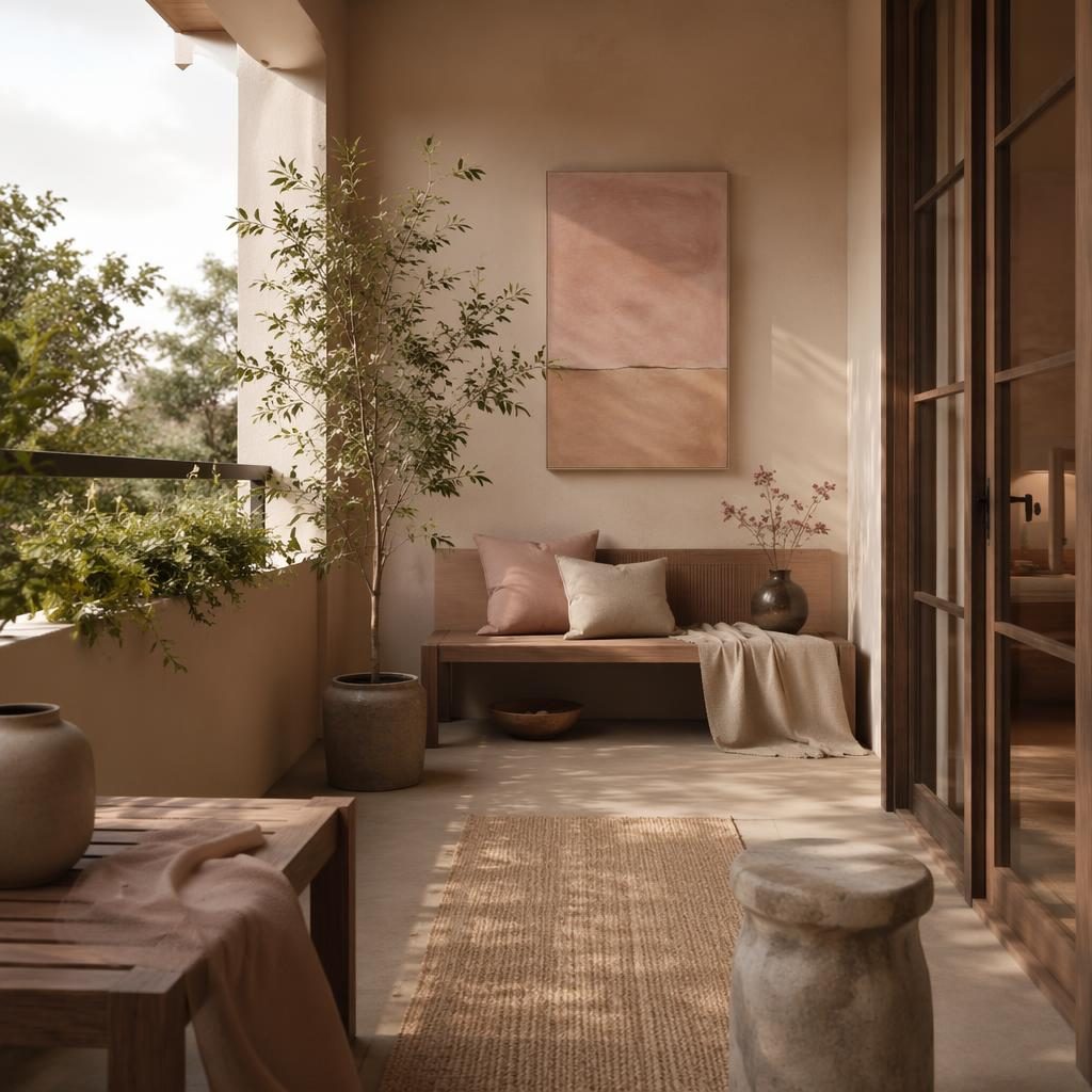 Realistic japandi balcony entryway with pastel pink and beige palette, natural materials, plants, art, textiles and soft daylight.