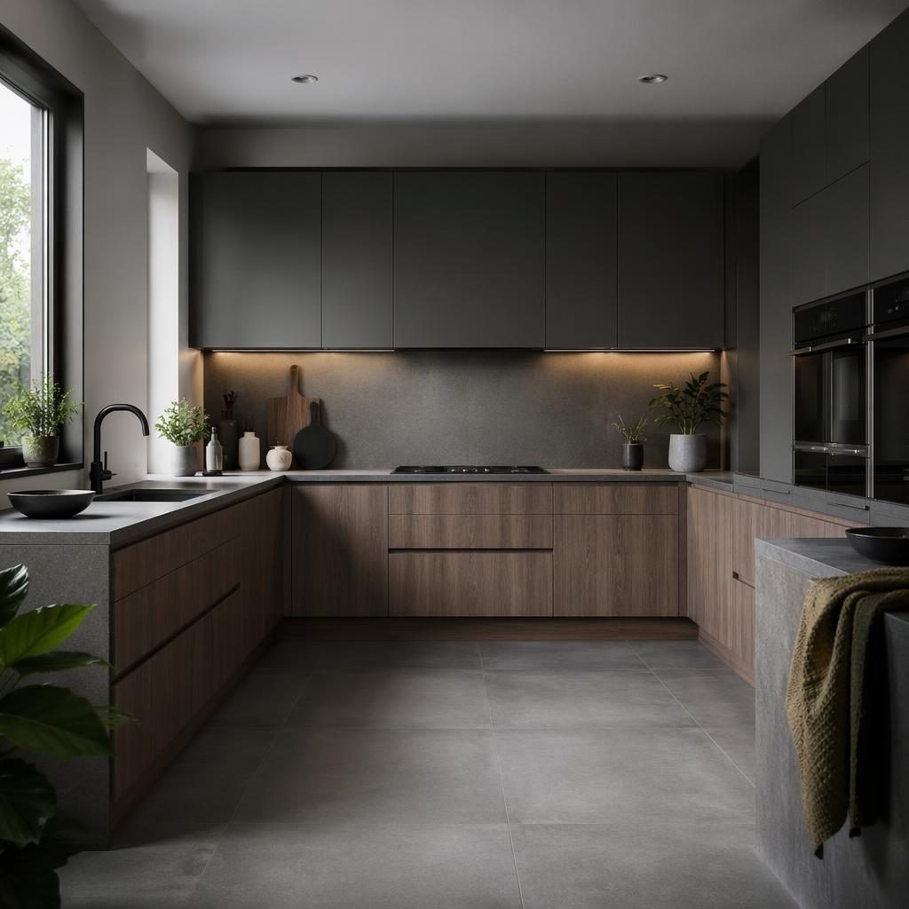 Realistic modern u shaped kitchen in cool grey tones with natural materials, plants, art, textiles, and soft diffused light.