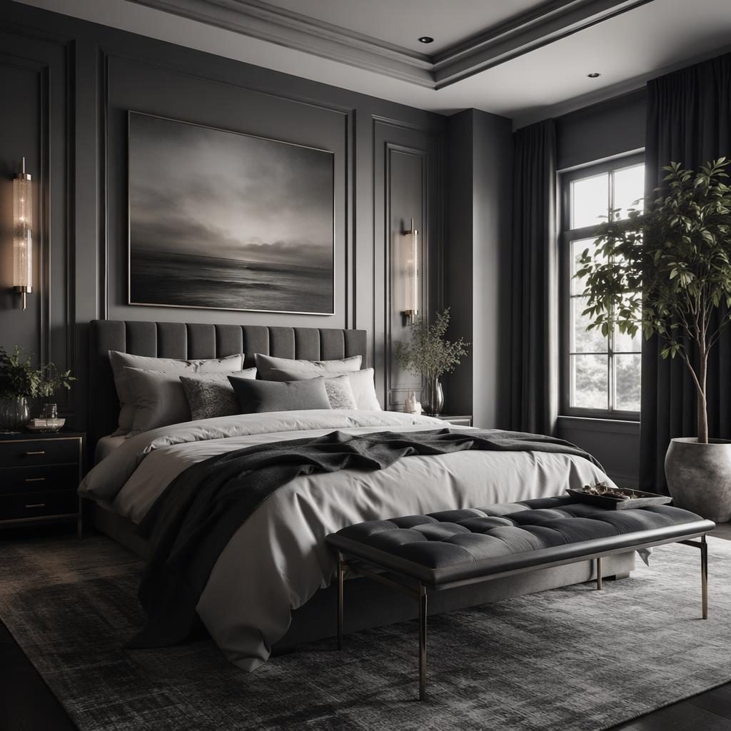 Moody art deco bedroom in cool grey tones with coastal linen, plants, textiles, natural materials, and styled furniture layout.