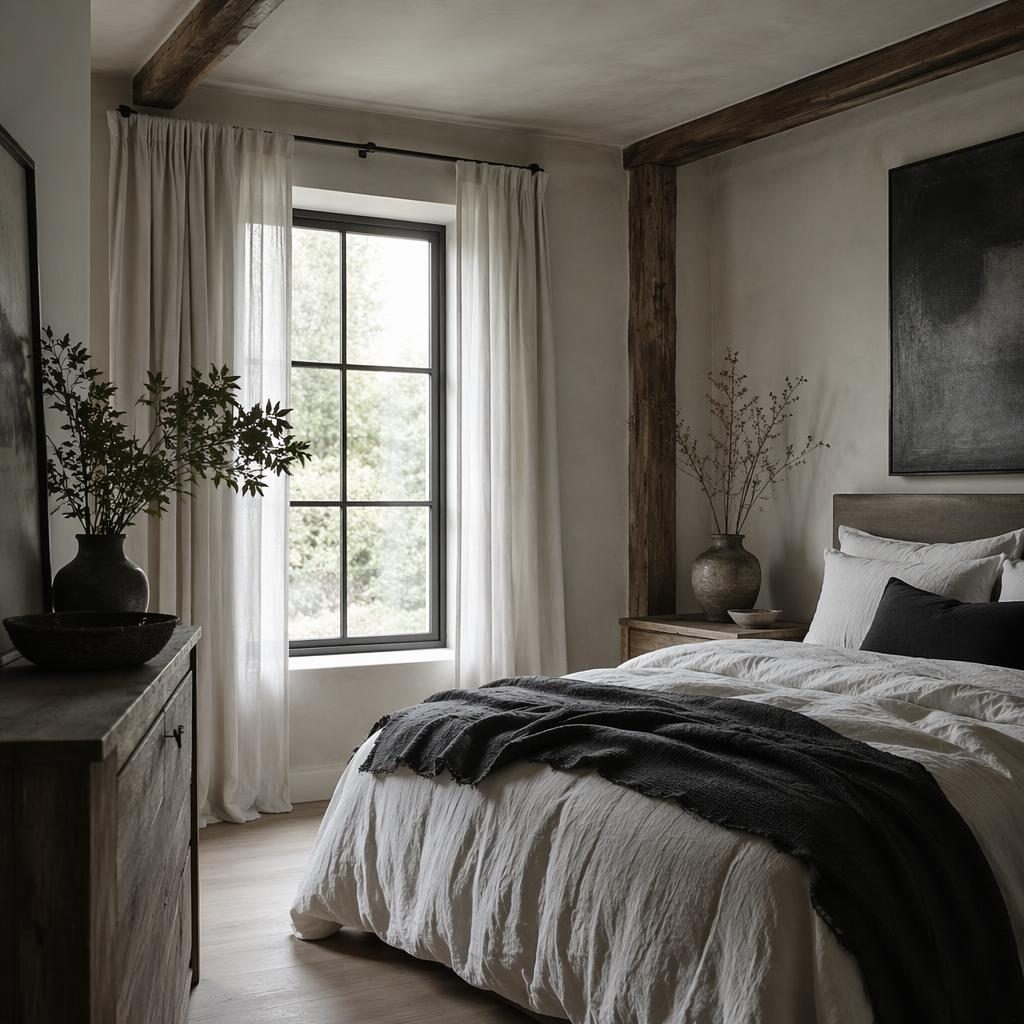 Chambre style wabi-sabi noir et blanc avec lit en bois, textiles doux, plantes, art mural et décoration fenetre