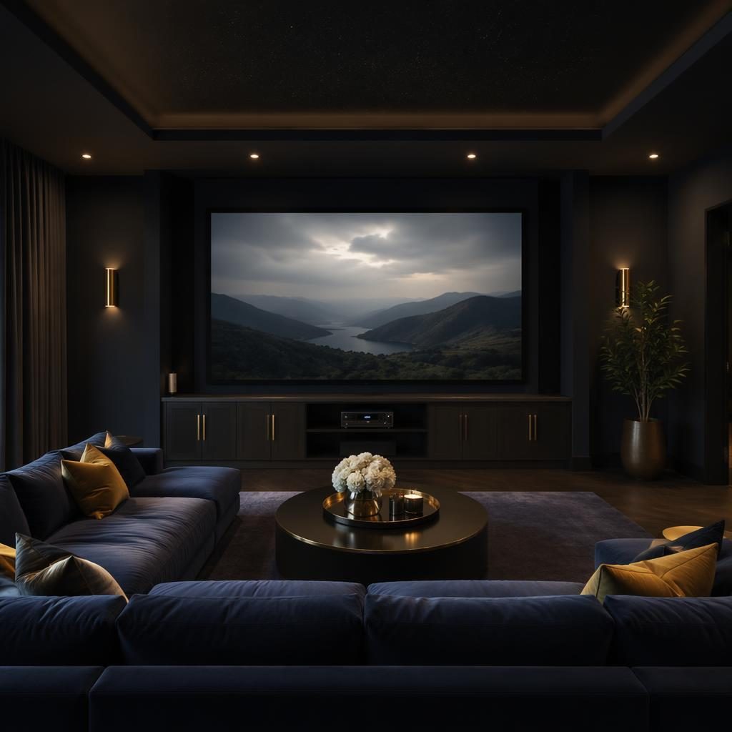 Dark luxurious home cinema living room with blue and brass decor, soft daylight, plants, art, textiles, and a dining table centerpiece