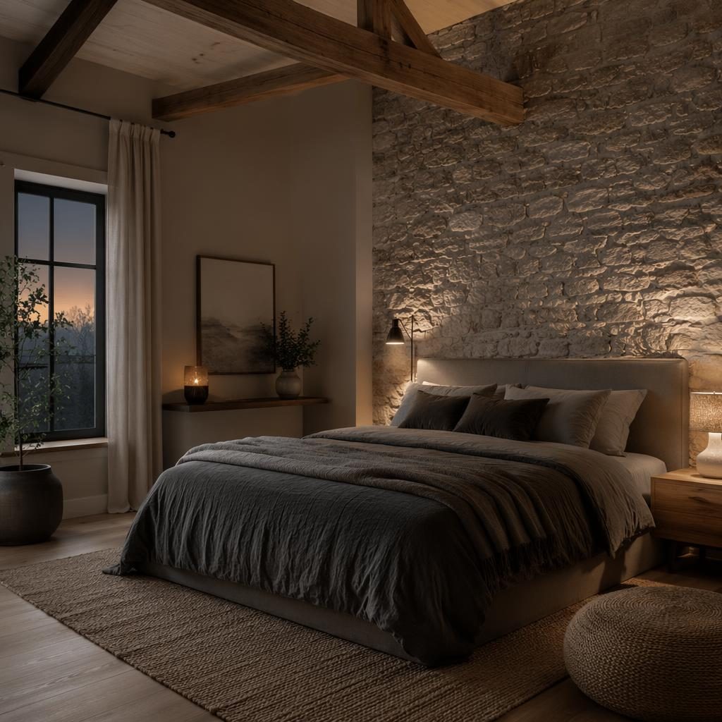 Chambre scandinave aux tons gris frais, mur en pierre décorative, poutres apparentes, textiles, plantes et lumière du soir.