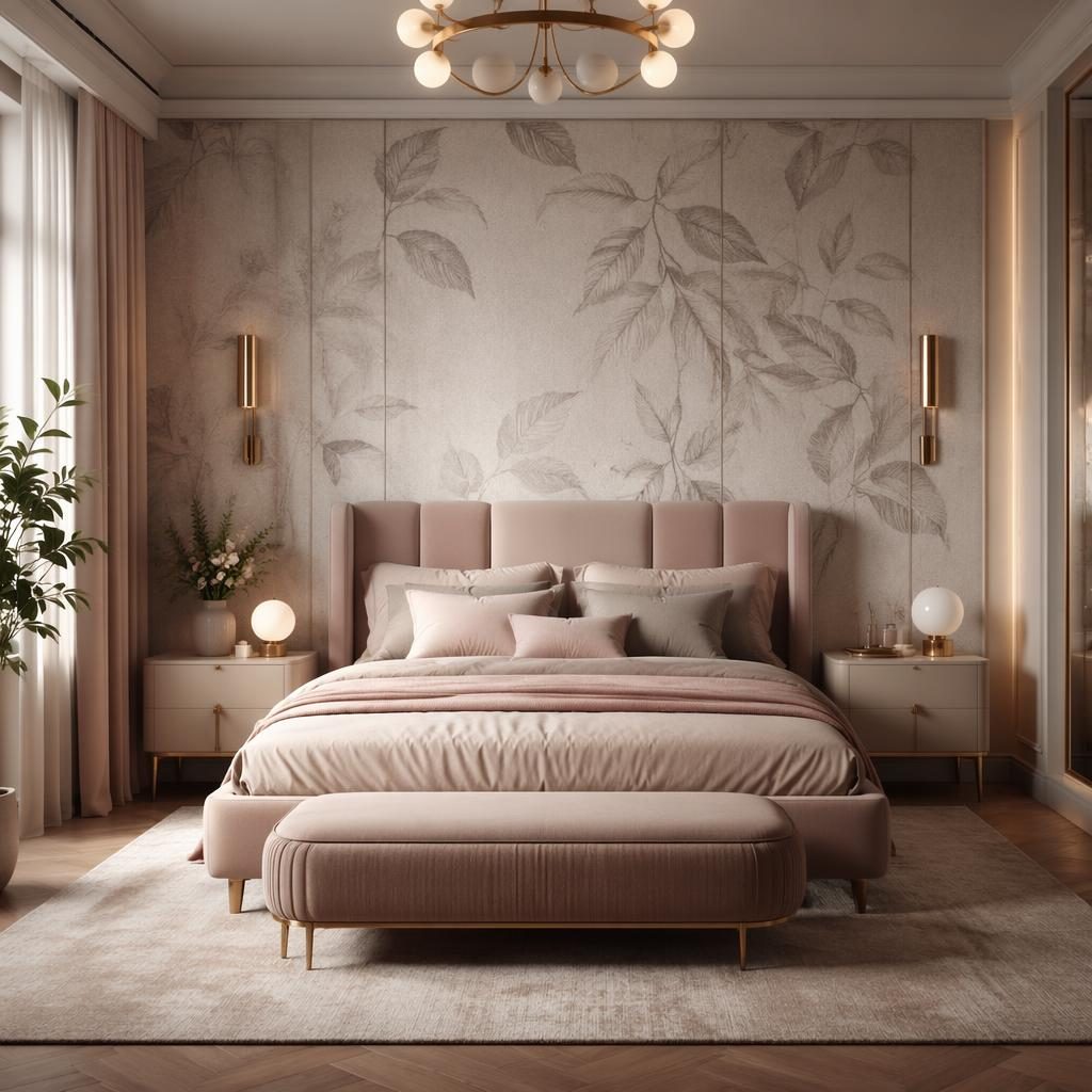 Pastellrosa-beiges Art-Déco-Schlafzimmer mit Textilien, Pflanzen, Kunst und natürlicher Materialwirkung, stimmungsvoll