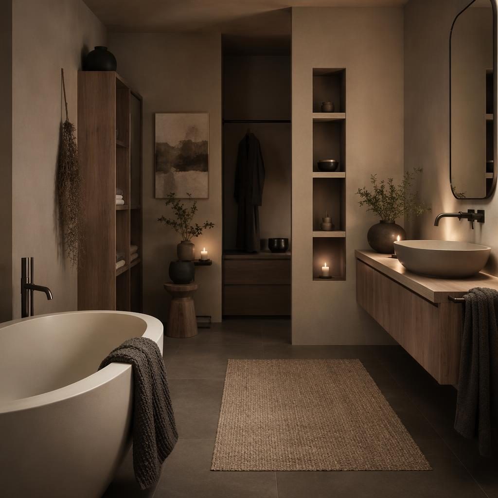 Mid-Century-Badezimmer in Schwarz-Weiß bei warmem Abendlicht mit Naturmaterialien, Pflanzen, Kunst und Textilien.