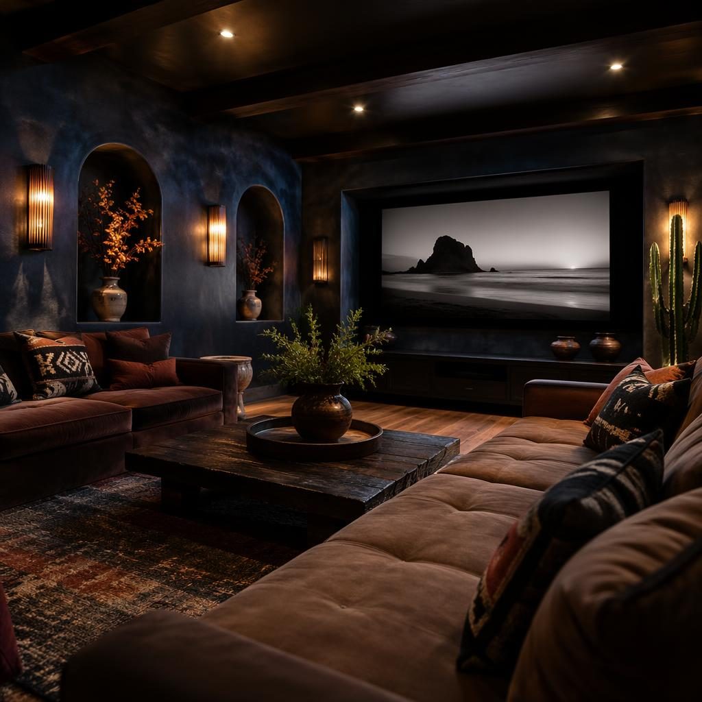 Sala de cine en casa oscura y lujosa, con tonos azules y latón, materiales naturales, plantas, arte y textiles.